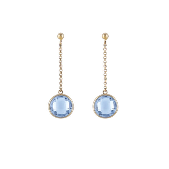 Long gold earrings with blue stone