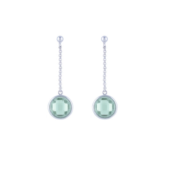 Long silver earrings with green stone