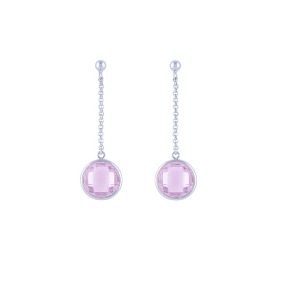 Long silver earrings with pink stone