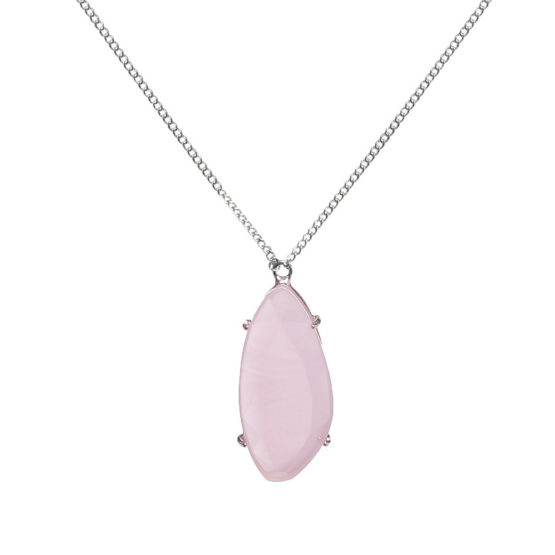 Silver long necklace with pink stone